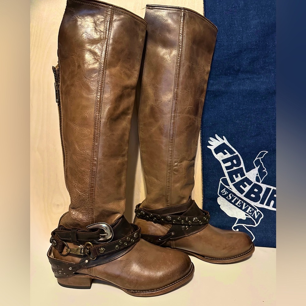 Freebird by Steven Rodondo knee high leather boots w/ buckle detail brown
